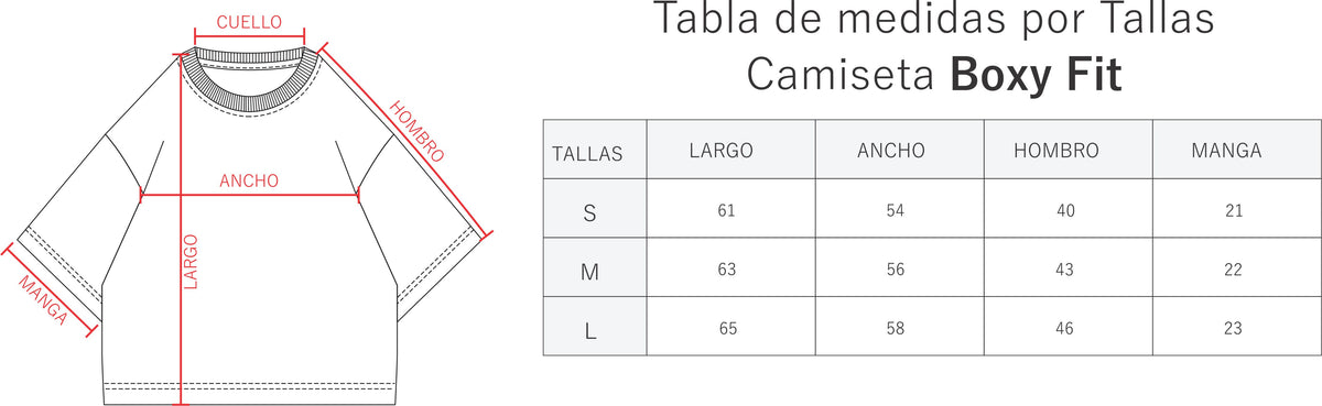 Tabla de medidas para los polos boxy fit en tallas S, M y L